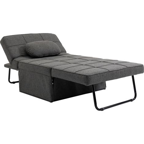 HOMCOM 4-in-1 Einzelliege/Bett/Hocker mit 5-fach verstellbarer Rückenlehne, klappbarer Fußstütze, 200 kg Belastbarkeit, Metallrahmen und grauem Leinenbezug
