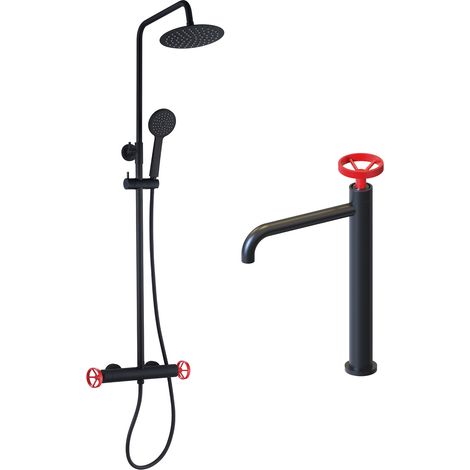 Pack Colonna Doccia 83-119 cm e Rubinetto da Bagno Monocomando K2O 23x6,7x37cm Nero Opaco Regolatori Rossi, Tubi e Aeratore