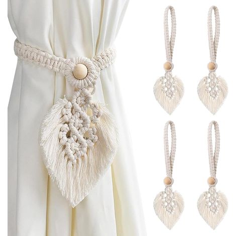Beige Embrasse pour Rideaux Boheme, 4pcs Attache Rideau Feuille Deco Bohème, Corde de Coton Tissées à la Main avec Perles en Bois pour Salon Maison (1/5)