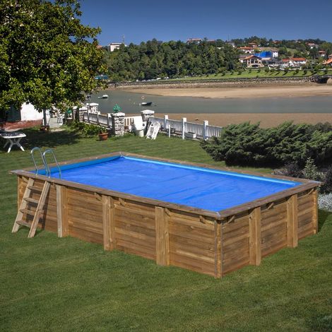 Bâche été à bulles pour piscine bois rectangulaire PAPAYA de dimensions intérieures 4,73 x 2,82m - Couleur bleu (1/3)