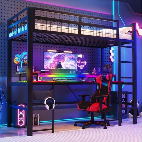 Cama dormitorio con escritorio LED puertos 90x200 negra HAVRYA (1/5)