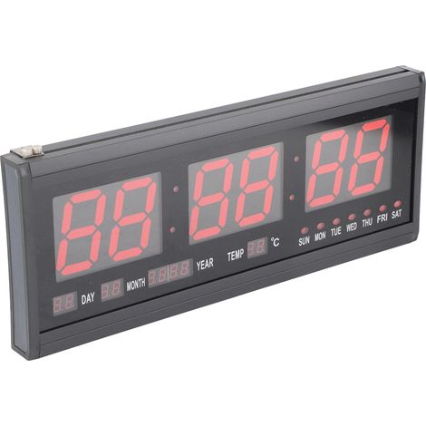Grande horloge murale numérique LED avec minuteur, alarme, piles, calendrier et température (rouge) (1/5)