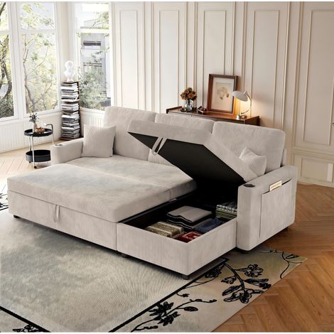 Canape d'angle modulable 3 places,rangement,station de charge,Porte-gobelet,poches latérales,table pliante,velours,Beige - Méridienne côté gauche (1/5)