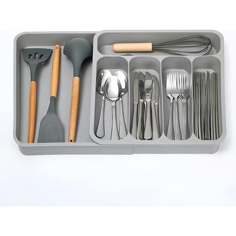 Organisateur de tiroirs à couverts extensibles, 6 compartiments réglables Plateau de rangement extensible pour gros ustensiles (1/5)