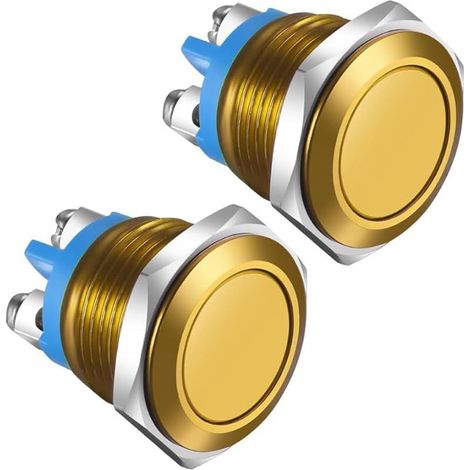 2 pièces 16mm Interrupteur à Bouton-Poussoir Momentané IP65 3A/12V 24V 36 DC 110V 250VAC 1NO SPST Etanche en Alliage d'aluminium Borne à Vis (Coque Dorée) (1/5)