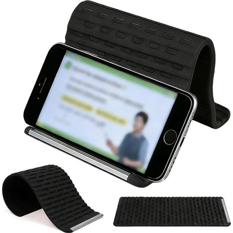Support de téléphone portable pliable en silicone, support flexible en alliage d'aluminium pour téléphone, tablette et ordinateur portable, support de bureau réglable, pliage multi-angles (noir). (1/5)
