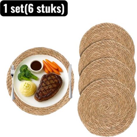 set (6 pièces) - Sets de table - 24cm - Sets de table tissés naturels - Dessous de plat en rotin et roseau faits à la main style bohème, nappe résistante à la chaleur pour les repas et le petit-déjeun (1/5)
