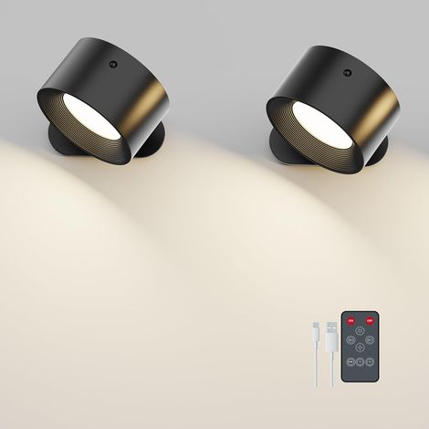 Lot de 2 appliques murales d'intérieur avec télécommande à intensité variable avec batterie avec port de charge USB, applique murale LED Touch Control 3 niveaux de luminosité, 3 modes de couleur (1/5)