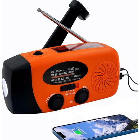 Radio Solaire 5000mAh Portable d'urgence à Manivelle Dynamo avec AM/FM Radio à Piles Dynamo, Survie Poche LED Charge de Téléphone à Manivelle pour la Randonnée et l'extérieur (Orange)