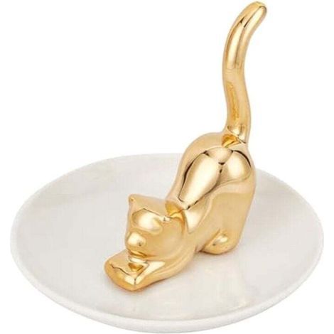Gold cat tail shaped ring holder, jewelry tray, round dishes, trinkets, ceramic storage for the home (1/4)