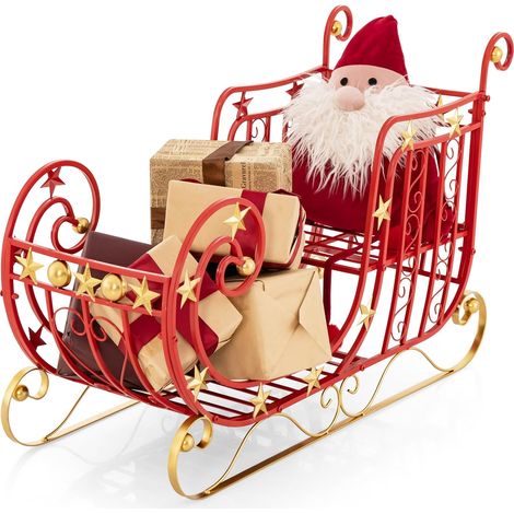 COSTWAY Deko Schlitten für Weihnachten, Metallschlitten Weihnachtsdeko, Weihnachtsschlitten Santaschlitten Metall, Weihnachtsdekoration für Zuhause, Festival, Party, 99x36x61cm, Rot (1/5)