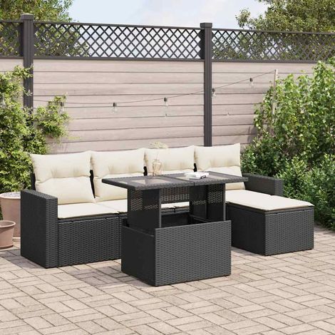Salon de jardin 6 pièces en résine tressée noire avec rangement et coussins crème - PANGIVO (1/5)