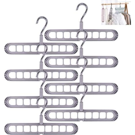 Lot de 8 Cintres Magiques Antidérapants Gris à 9 Trous, Gain de Place et Économiseur d'Espace pour Armoire (1/4)