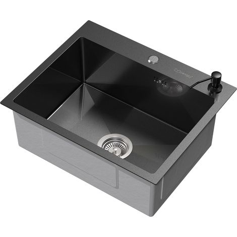 ML-Design Fregadero de Cocina de un Seno 55 x 45 cm Antracita Lavabo Sobre Encimera o Enrasado con Juego de Desagüe, Dosificador de Jabón y Rebosadero Cubeta de Acero Inoxidable Anti-condensación (1/5)
