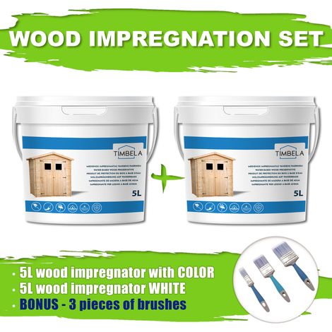 Timbela – Kit d'imprégnation bois intérieur/extérieur 10L – 5L blanc + 5L gris – 3 brosses incluses – Protection contre humidité et UV (1/4)