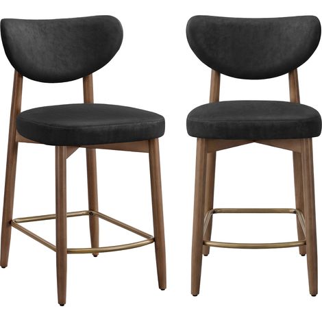 Lot de 2 Tabourets de Bar, Pieds en Bois Massif, Style Mid‑Century Modern, PU, Noir (1/5)