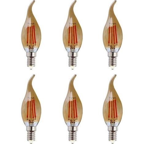 Ampoule LED E14 Forme de bougie à filament 4W (Équivalent à 40W halogène) Blanc Chaud 2700K 600Lm Ampoules Flamme Ampoule Bougie Classique E14 LED Vintage Verre Ambré Non Dimmable, Lot de 6 [Classe én (1/5)