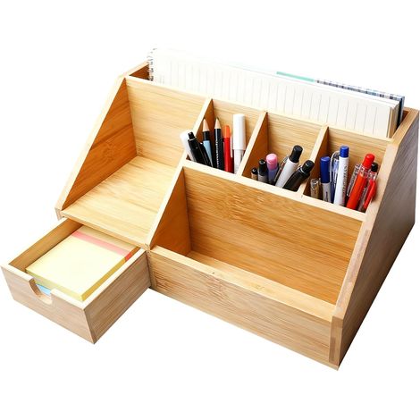 1 Organiseur de bureau, Bambou, Tiroir intégré, Compartiments multiples, Porte-stylos, Pour maison et bureau (1/5)