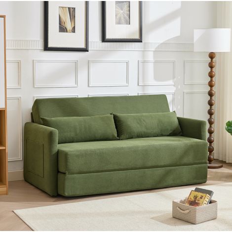MODFU – Divano letto 2 posti pieghevole 165x212 cm in velluto a coste con 2 cuscini lombari, tasche laterali 50x30 cm e carico 136 kg per posto – Verde (1/5)
