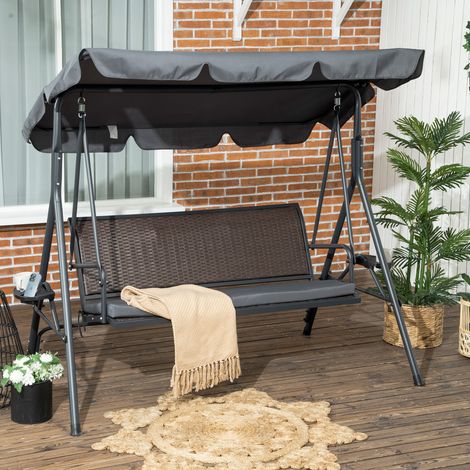 3-Sitzer-Gartenschaukel mit verstellbarem Sonnendach, Getränkehaltern und Ablagen, Tragkraft 320 kg, 204 x 112 x 150 cm, Grau