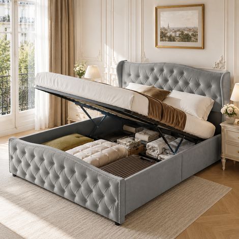 Lit coffre capitonné 160x200 cm–Lit double pour adulte de 160 x 200–Velours gris–Sommier à lattes–Rangement hydraulique–Motif en losanges avec rivets (1/5)