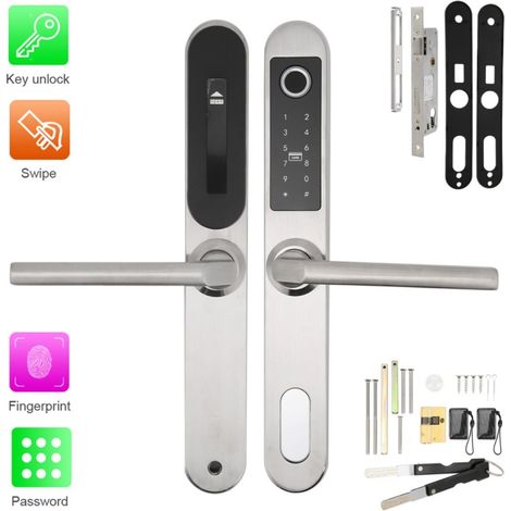 Eosnow Serrure à empreinte digitale avec mot de passe, poignée de porte réglable, argentée, étanche, pour appartement, villa, école, bureau (1/5)