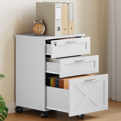 Caisson de bureau mobile 3 tiroirs avec serrure, bois pour dossiers A4, Blanc (1/5)