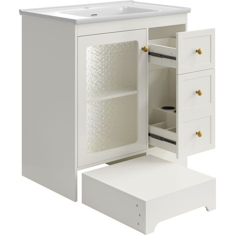 Meuble-vasque de salle de bain avec repose-pieds dissimulé, vasque en céramique lisse, éclairage LED, verre en relief et poignées dorées meuble-vasque de salle de bain