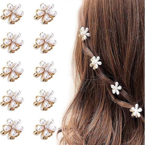 Lot de 10 mini pinces à cheveux en perles avec motif floral, accessoires décoratifs pour frange artificielle, pour femmes et filles, 2,1 x 2,1 cm, blanches (1/5)