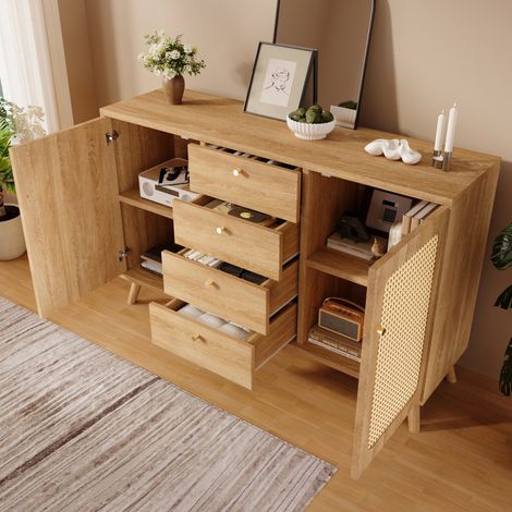 Buffet 140x40x86 cm chêne clair en bois avec 4 tiroirs, 2 portes, étagères réglables et façades effet rotin (1/5)