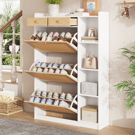 Mobliva Meuble à chaussures étroit en rotin avec 3 compartiments rabattables, étagères réglables, 2 tiroirs et étagères latérales ouvertes, 90×24×130 cm (1/5)