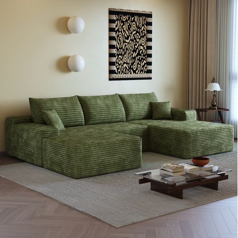 Sofá rinconero modular 270x175x83 cm de tela verde, asiento profundo, sin montaje – MEUBLIV (1/5)