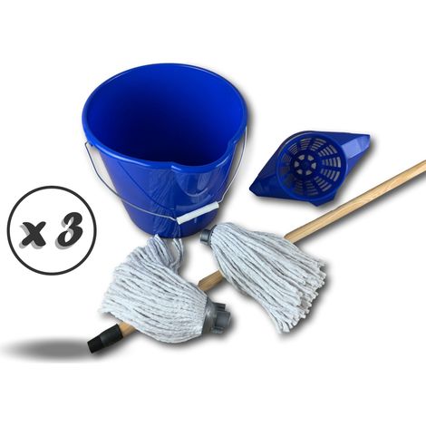 Kit balai à franges espagnol  2 serpillières  Seau 10 L  Panier essoreur - Quantité x 3 - Ensemble balai espagnol - Manche bois