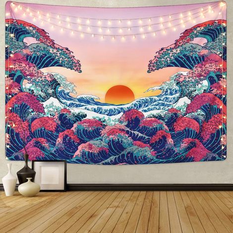 Vagues Tapisserie Coucher de Soleil Paysage Tapisserie Tissu Suspendu Chiffon de fond de chevet (70,9 x 78,7) (1/2)