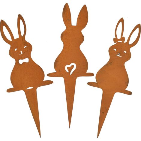 Lot de 3 Lapin, Métal, Rouillé, Piquet, Jardin, Terrasse, Balcon, Décoration, Extérieur, Pâques (1/5)