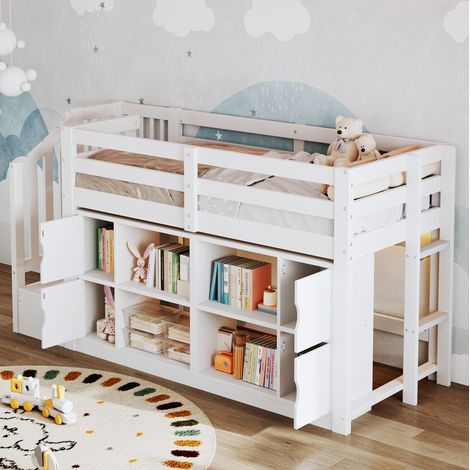 Cama alta 90x200 cm de MDF y pino blanco con almacenaje y LED - CHICFURN (1/5)