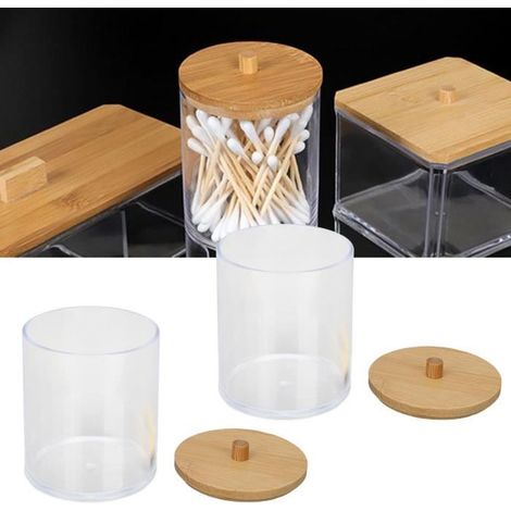 Organisateur de coton-tige - ZERODIS - 2 pcs - Cylindre en plastique - Transparent - Couvercle en bambou