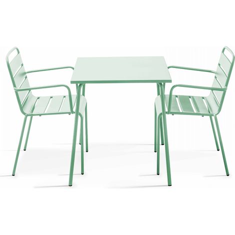 Ensemble table de jardin carrée et 2 fauteuils acier vert sauge - Palavas (1/5)