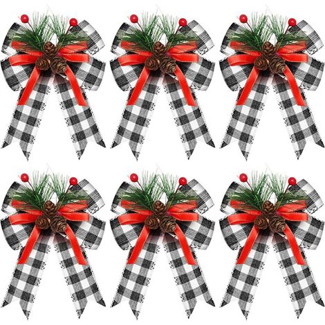 Ribbon Bow - Buffalo Plaid Noir Et Blanc Avec Pommes De Pin Et Aiguilles De Pin - Décoration De Noël Pour Arbre Guirlande Cadeau Et Fête - Lot De 6 (1/5)