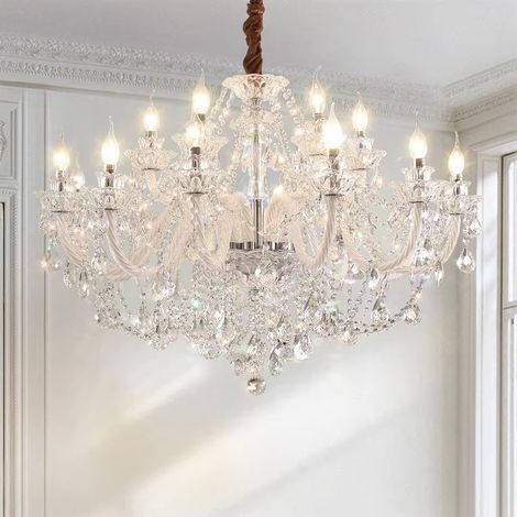LEDANDER Lustre en verre cristal à 15 lumières — Luminaire suspendu transparent — Culot E14, lumière tricolore, suspension vintage style bougie