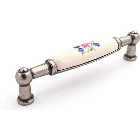 Porzellangriff Landhaus BA 96 mm Cremefarbig / Altsilberoptik - Blume (1/4)