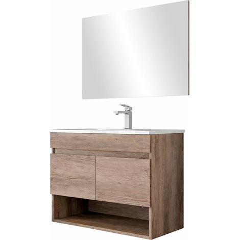 Mobiletto Bagno Sospeso Mobile Legno Con 2 Ante Ripiani e Vani Aperti Lavabo In Ceramica Con Specchio E Led Design Moderno Nordico La Brea 80 x 45 x 64 Cm Rovere - Set: Mobile Lavabo e Specchio