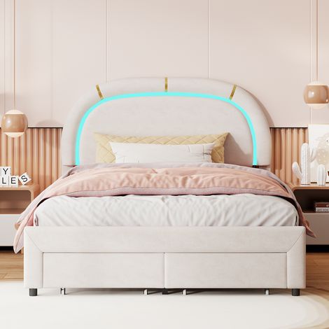 letto matrimoniale 140x200,letto matrimoniale contenitore,letto imbottito,letti con cassetti,LED e 2 cassetti portaoggetti, rete a doghe,beige, lino (1/5)