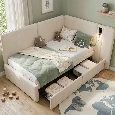 Letto da giorno moderno in velluto beige 90x200 cm con testiera imbottita, 2 cassetti, rete a doghe, USB e lampada lettura