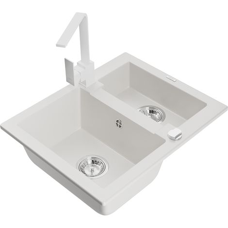 Mexen Carlos fregadero de granito de 1,5 senos con grifo de cocina Rita, blanco - 6518-20-670300-20 (1/5)