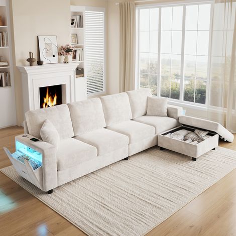 Canapé d’angle modulable 4 places 282x153 cm, pouf coffre mobile, accoudoir avec rangement, LED 3 couleurs, USB/USB-C, velours beige (1/5)