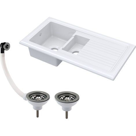 Balterley Traditional 101cm 1.5 Bowl Fireclay Inset Kitchen Sink & Drainer & Brushed Pewter Wastes - White