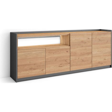 Skraut Home - Credenza, Mobile, Cucina, Madia, mobile ingresso, 207x37x80cm, 4 Porte, LED, Stile moderno, Rovere e nero (1/5)
