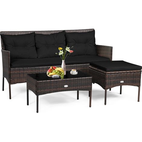 COSTWAY 3 PCS Patio Conversation Set Outdoor PE Rattan Furniture Set-Black (1/5)