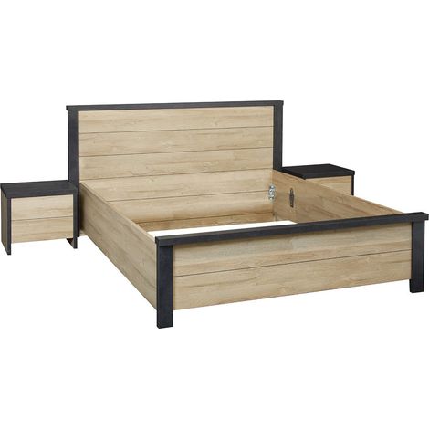 SIWA - Ensemble Lit 140x190cm + Chevets Effet Bois et Béton (1/4)